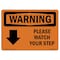 Signmission OSHA Warning Sign, 7" H, Rigid Plastic, Please Watch Your Step (Down Arrow) With Symbol, Landscape OS-WS-P-710-L-12334 - alternate 1